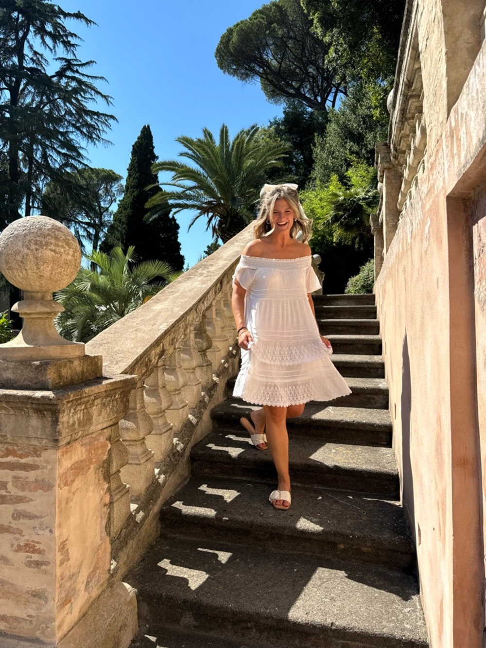 Women’s White Off the Shoulder Tier Lace Dress Medium